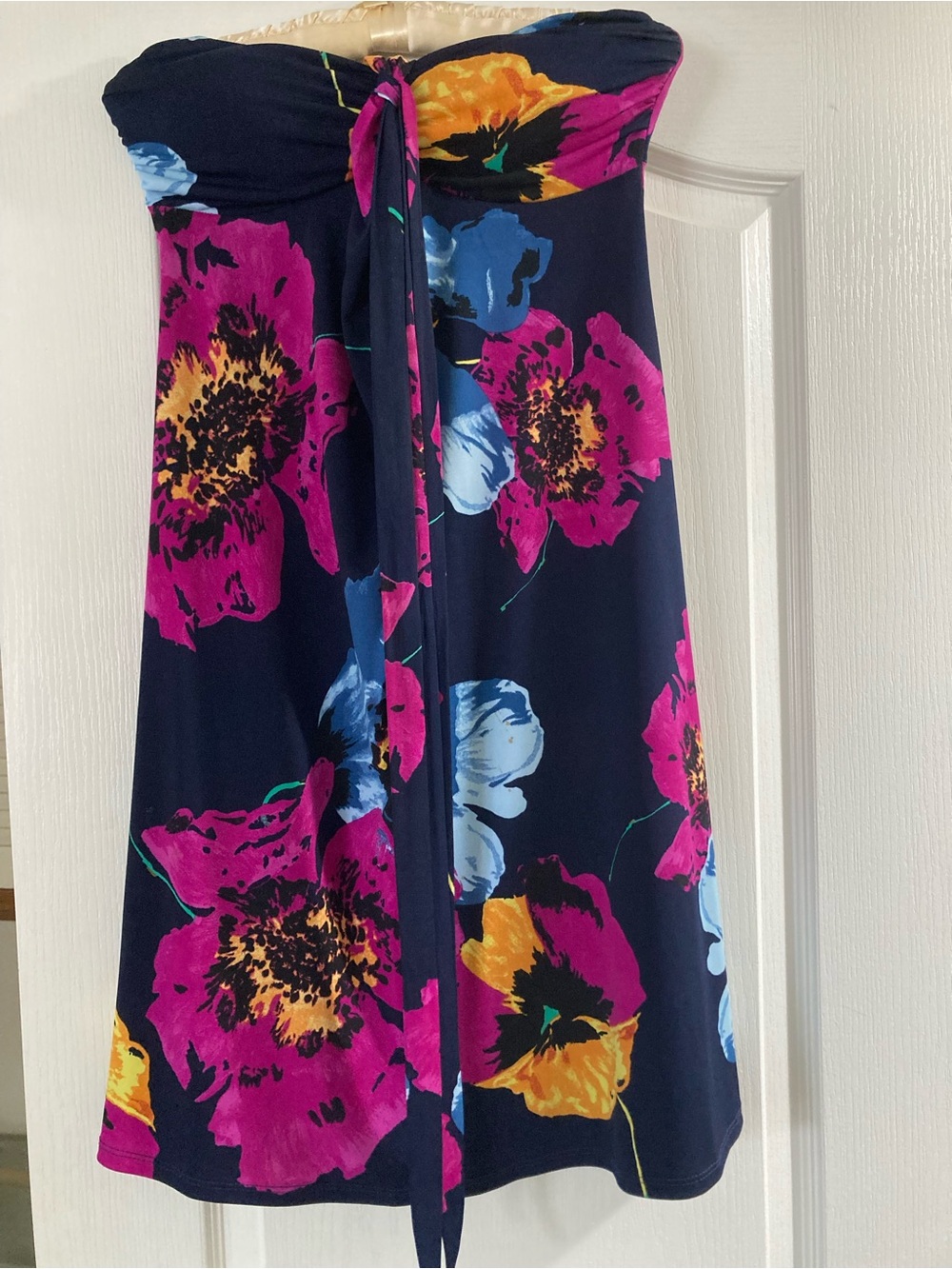 Navy Strapless Floral Sundress with Pink & Yellow Blooms